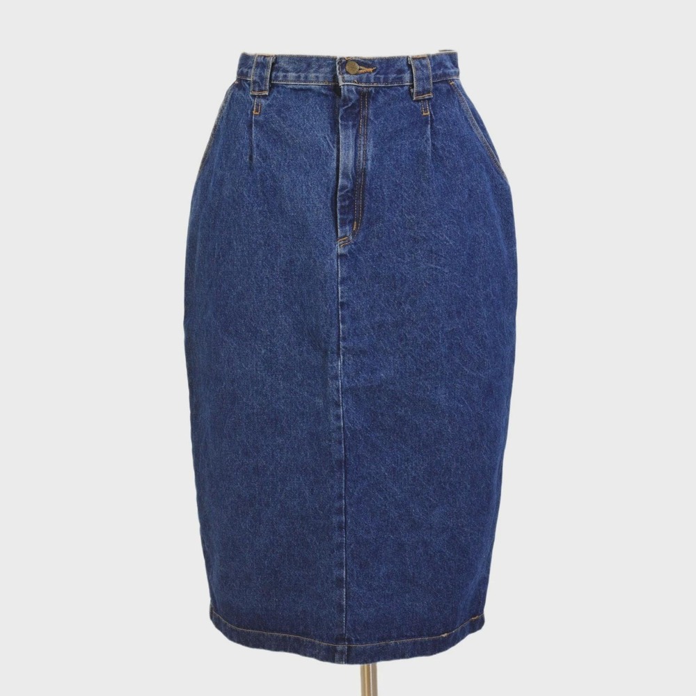 70s Vintage Dark Wash Denim Pencil Skirt Western Pleated High Rise Womens Size M
